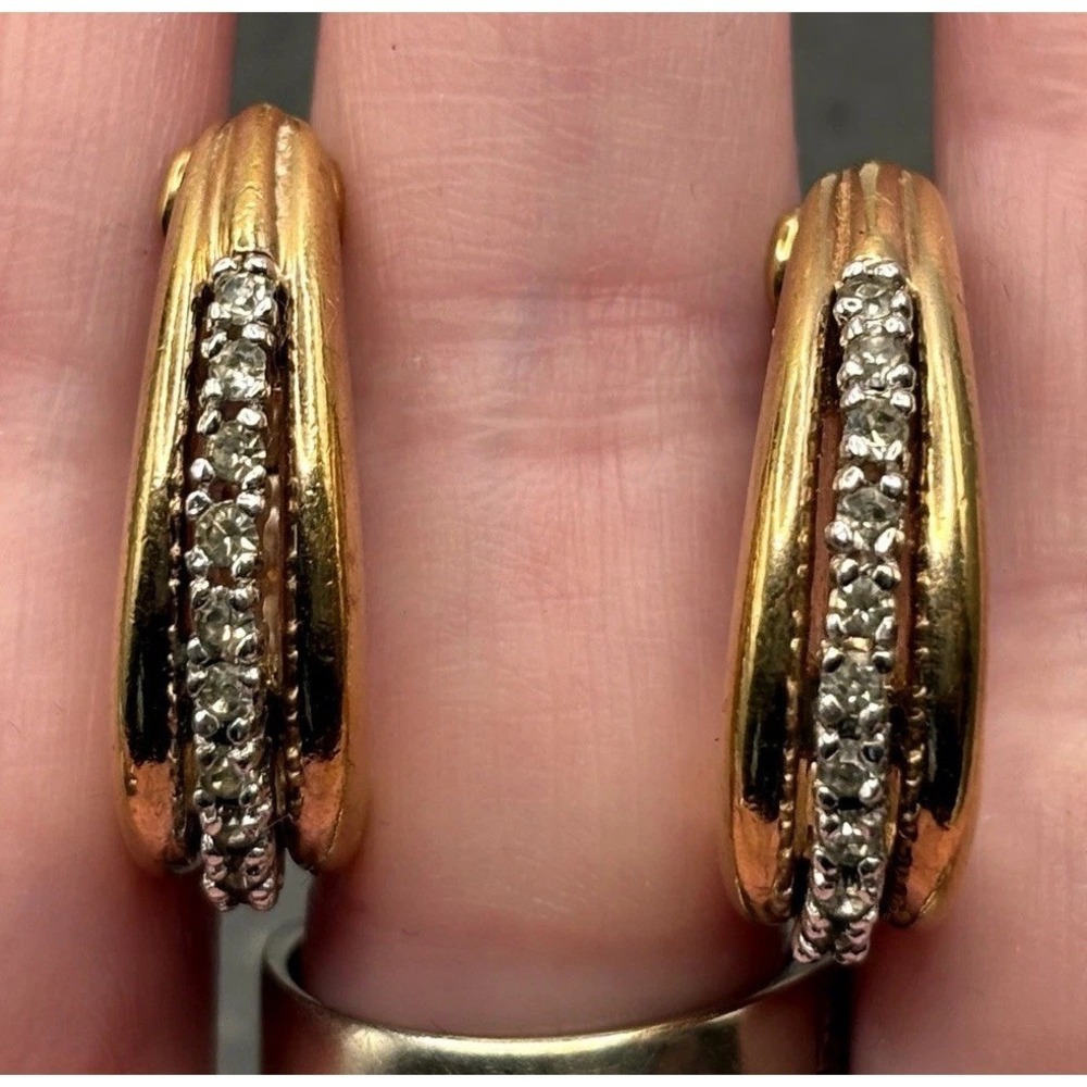 Vintage Signed Panetta Two Tone Rhinestone Hoop Clip-On Earrings Gold Tone